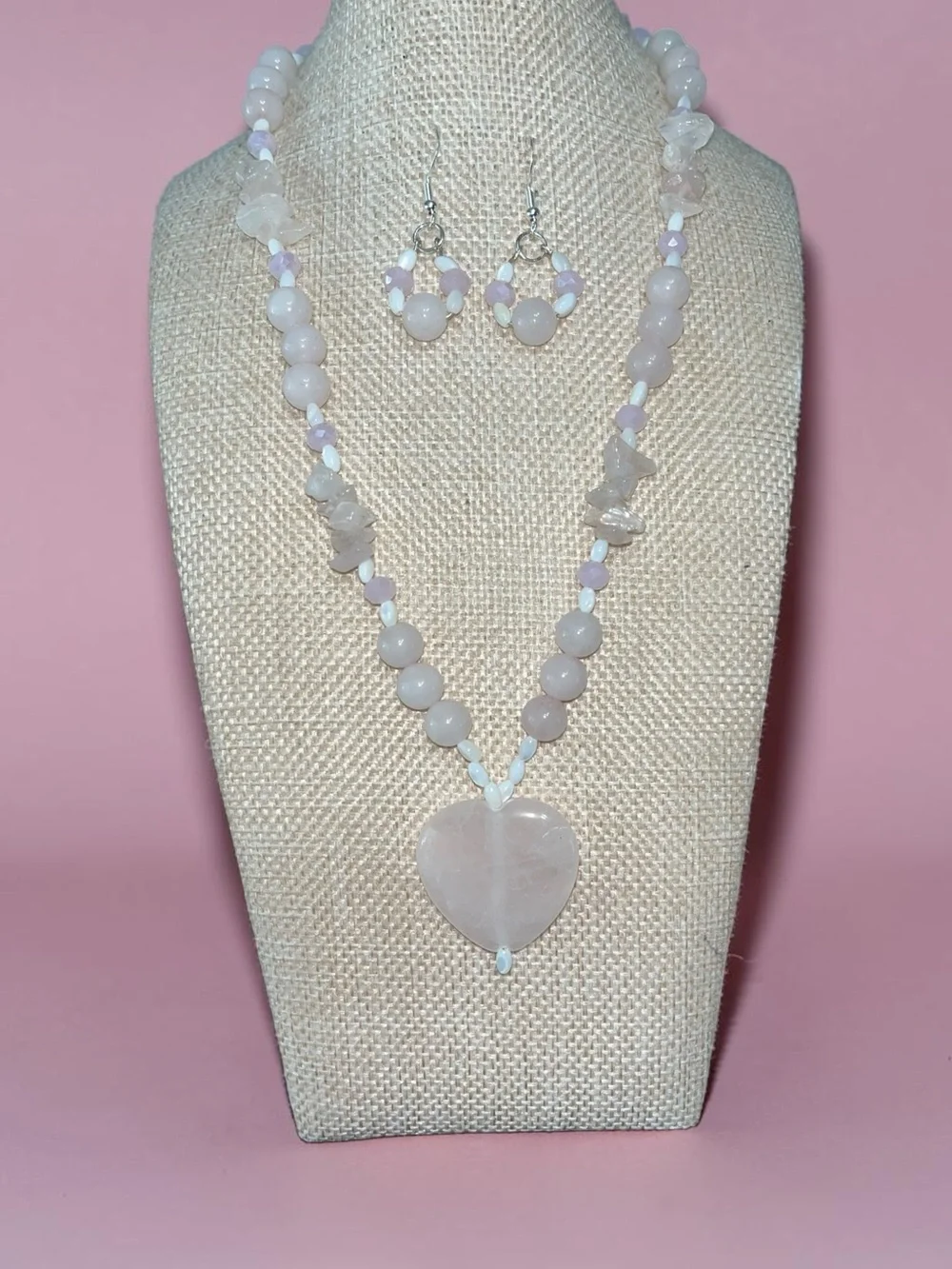 Rose Quartz Heart Pendant Necklace and Earring Set - Women Jewelry